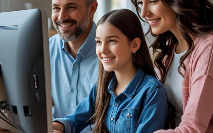 Familia trabajando con su ordenador en casa